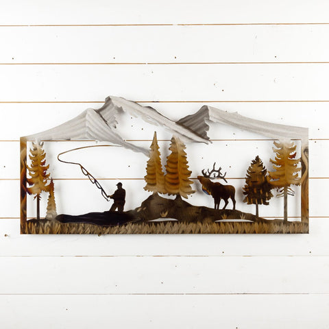 Elk and Fisherman Metal Wall Art