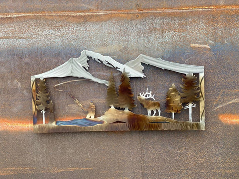 Elk and Fisherman Metal Wall Art