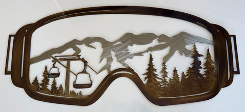 Metal wall art of goggles with mountain and ski lift design 