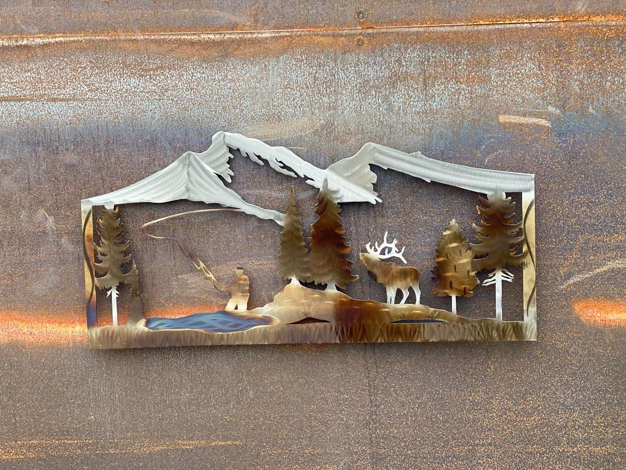 Elk and Fisherman Metal Wall Art